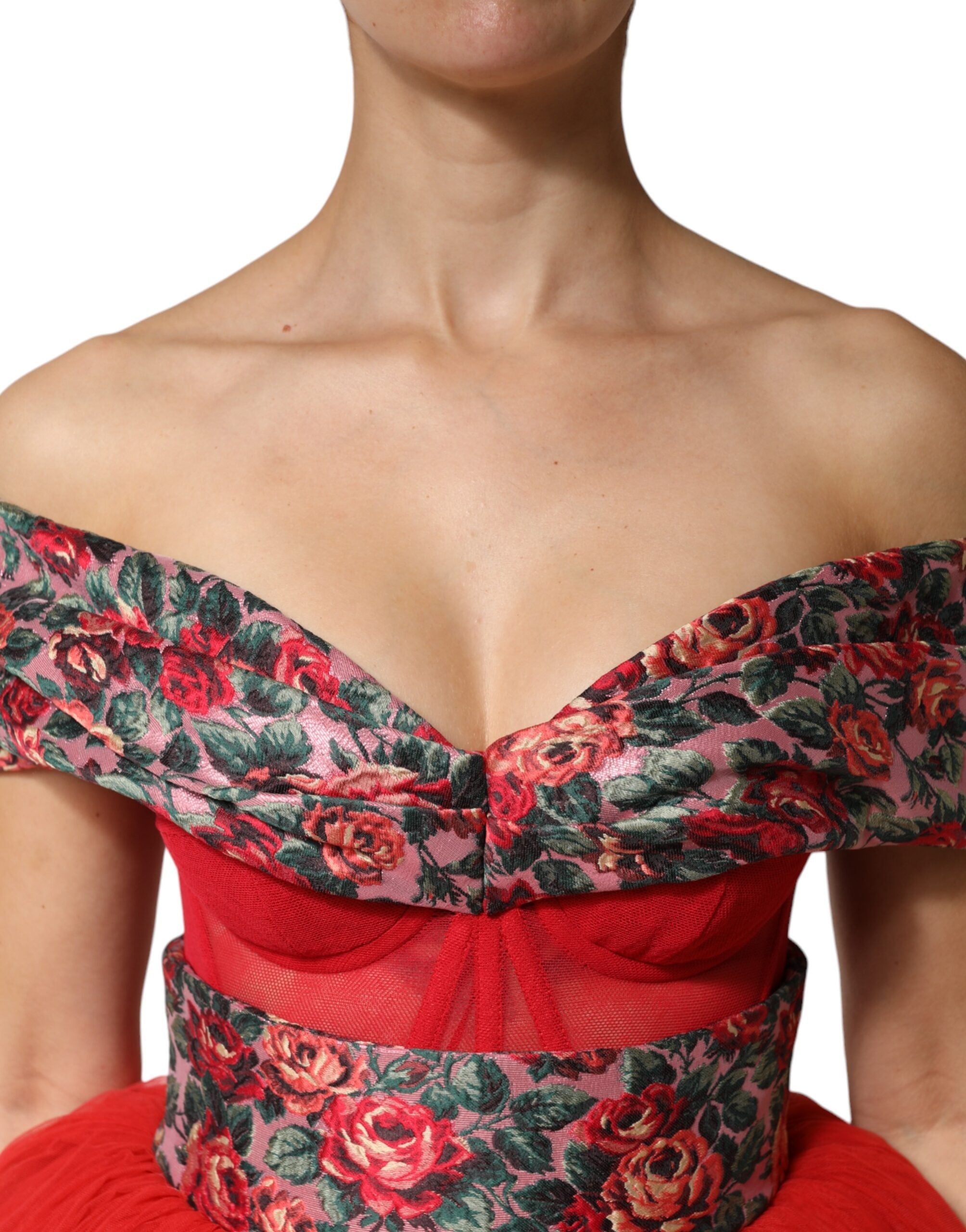 Dolce & Gabbana Red Floral Off Shoulder A-line Gown Dress Dolce & Gabbana