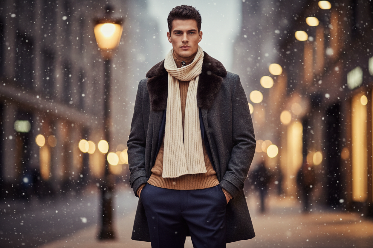 Create a stunning high-end fashion banner image for a luxury men's winter collection. Feature a tall, athletic European male mannequin with refined features, short dark hair, and confident pose, wearing layered winter outfits: a sleek wool overcoat with fur collar, cashmere sweater, tailored trousers, leather boots, and a wool scarf. Snowy urban backdrop at dusk with soft golden lighting highlighting fabric textures, rich materials like wool and leather, and subtle luxury details. whitout write