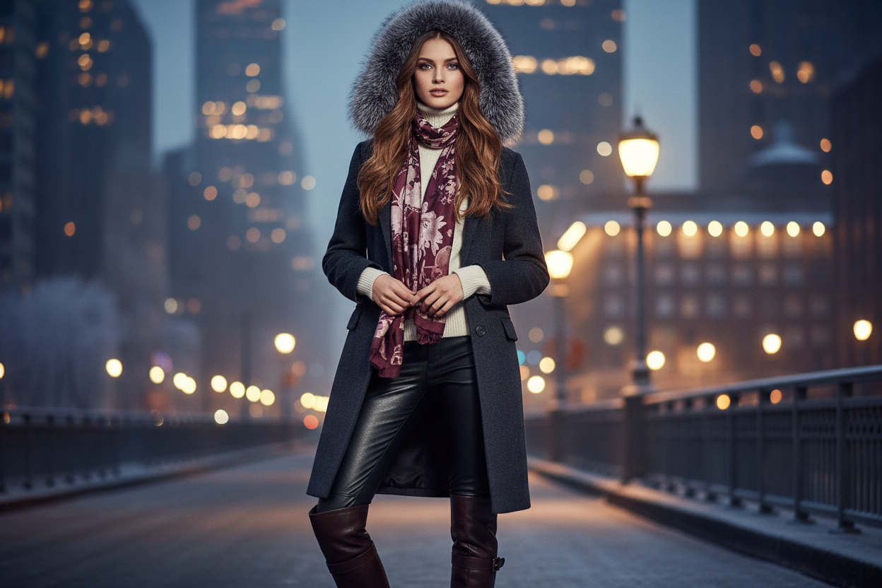 Create a stunning high-end fashion banner image for a luxury women's winter collection. Feature a tall, slender European female mannequin with elegant features, long wavy hair, and poised pose, wearing layered winter outfits: a sophisticated wool coat with detachable fur hood, cashmere turtleneck, slim trousers or leather pants, knee-high boots, and silk scarf. Frosty cityscape backdrop at twilight with warm ambient lighting accentuating rich textures, premium fabrics like wool, cashmere, without write