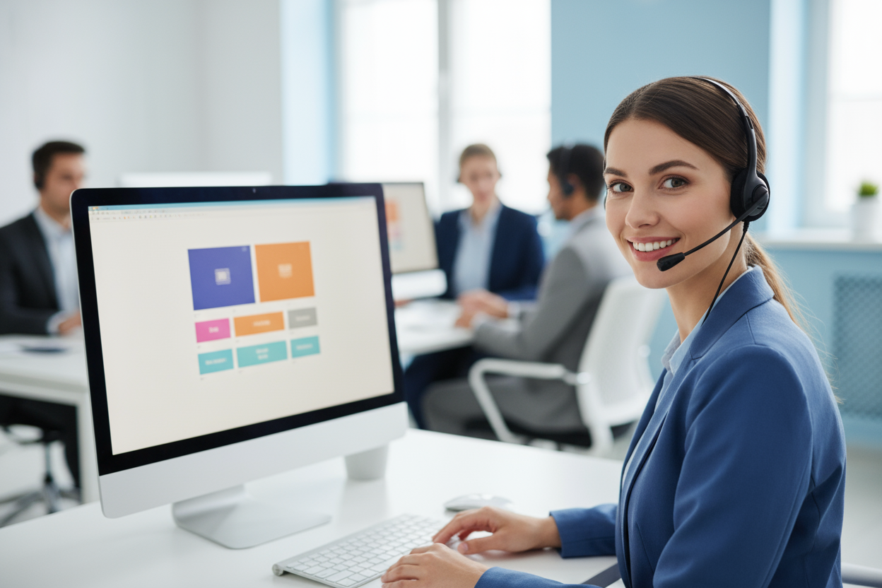 genere moi une photo de contact us d'une fille de centre d'appel qui souris