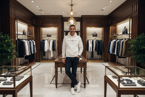 Homme élégant portant un sweat à capuche blanc Tommy Hilfiger dans une boutique de luxe